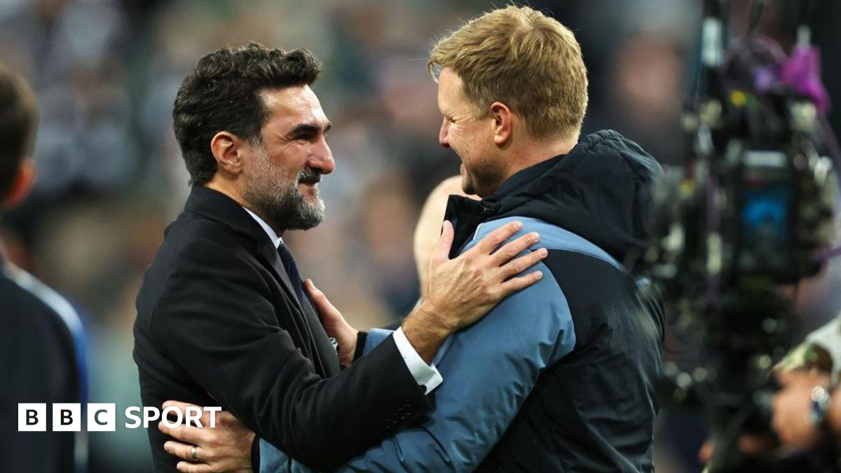 Yasir Al-Rumayyan greets Eddie Howe after Newcastle United qualify for the Champions League following a goalless draw against Leicester City at St James' Park on 22 May, 2023