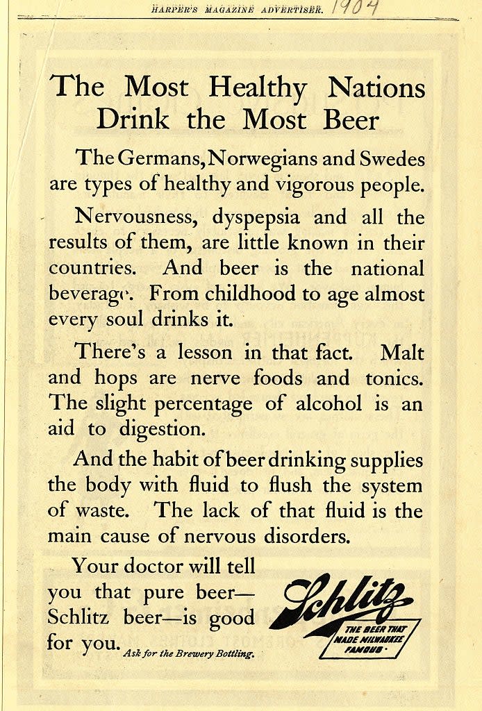 Advertisement titled "The Most Healthy Nations Drink the Most Beer" from Harper's Magazine, 1907, promoting Schlitz beer as a healthy choice for its supposed digestive benefits