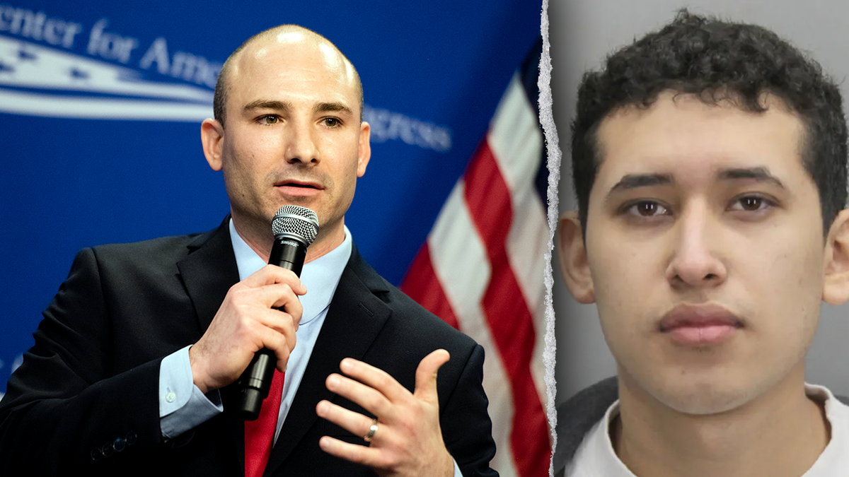 Steve Descano speaking split image aside from mugshot of Israel Flores Ortiz
