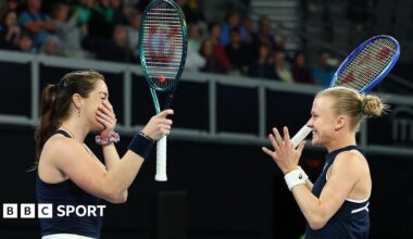 Jodie Burrage (left) and Harriet Dart (right) celebrate their win over Australia
