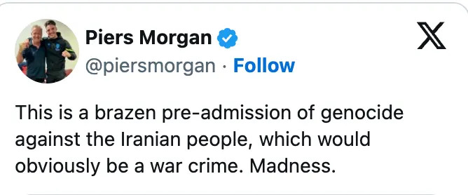 Tweet by a verified user condemns a statement as a pre-admission of genocide against Iranians, calling it a war crime and madness