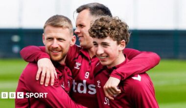 Stephen Kingsley, Lawrence Shankland and Kier McMeekin during a Heart of Midlothian training session at the Oriam, on April 22, 2026, in Edinburgh, Scotland.