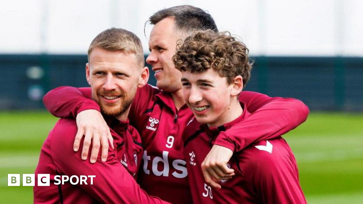 Stephen Kingsley, Lawrence Shankland and Kier McMeekin during a Heart of Midlothian training session at the Oriam, on April 22, 2026, in Edinburgh, Scotland.