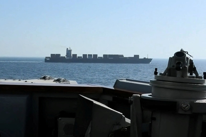 A view of Iranian-flagged cargo ship M/V Touska from the deck of a us navy vessel
