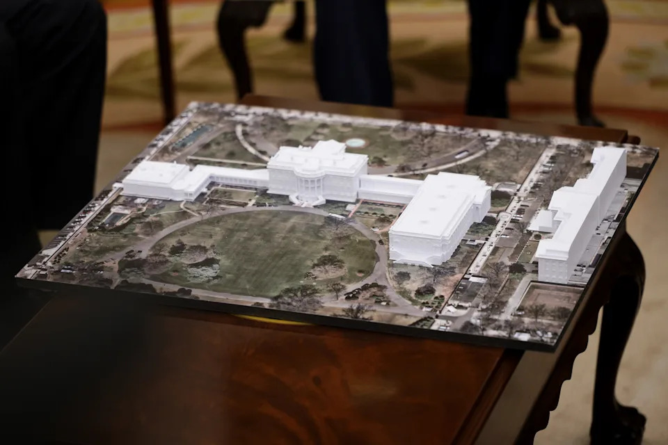 WASHINGTON, DC - OCTOBER 22: A rendering of U.S. President Donald Trump's proposed $250 million White House ballroom is displayed as he meets with NATO Secretary General Mark Rutte in the Oval Office of the White House on October 22, 2025 in Washington, DC. Less than a week after hosting Ukrainian President Volodymyr Zelensky, Trump is meeting with Rutte to discuss the war in Ukraine. (Photo by Alex Wong/Getty Images)