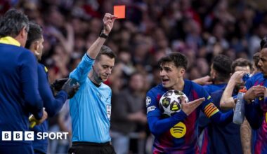Referee Clement Turpin sends off Eric Garcia during Barcelona's Champions League second leg against Atletico Madrid in 2026 while his team-mate Pedri protests