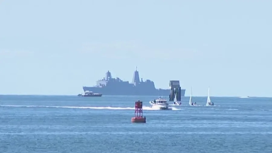The USS John P. Murtha returns to San Diego carrying Orion spacecraft. (KSWB)