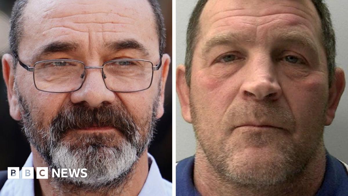 Split screen headshots of Andrew Malkinson, who has a beard and wears glasses, on the left and Paul Quinn on the right