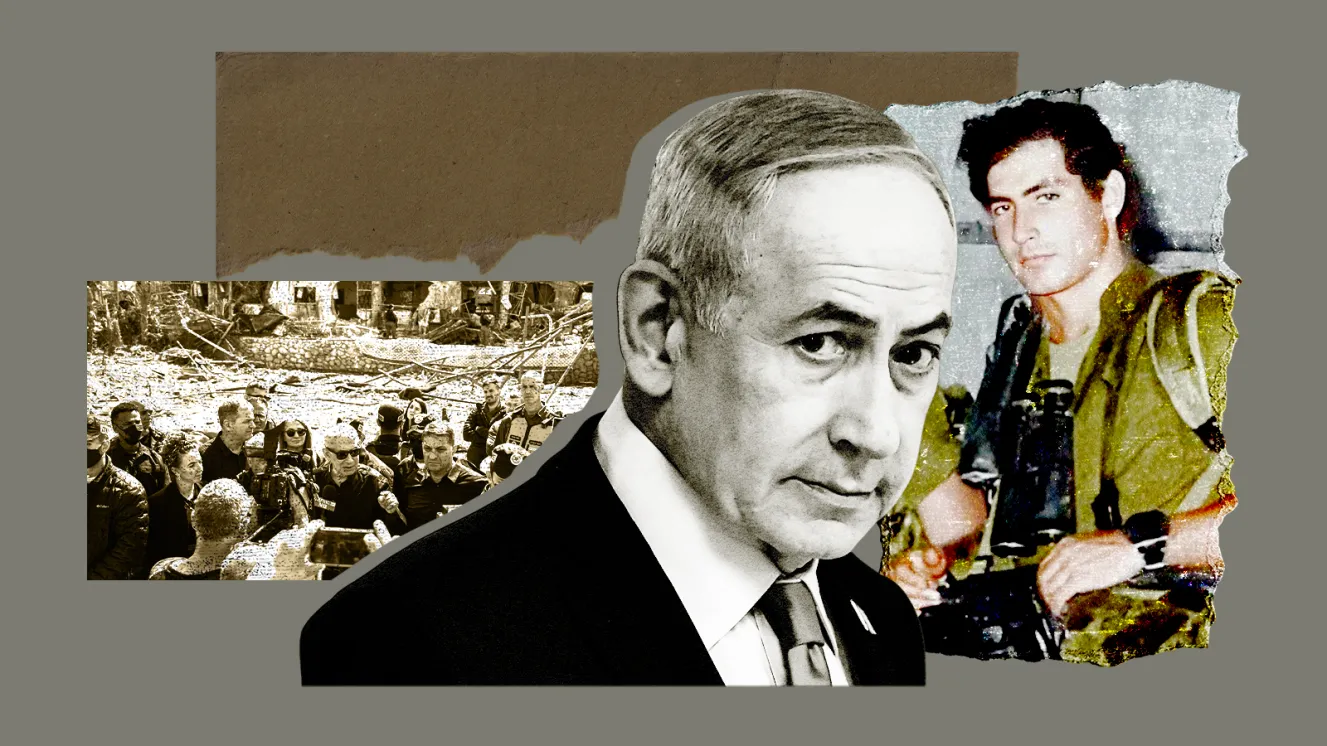Collage of Benjamin Netanyahu: a black and white portrait of him as an older man, a sepia-toned image of him surrounded by others in a rubble-filled area, and a color photo of him as a young man in military uniform.
