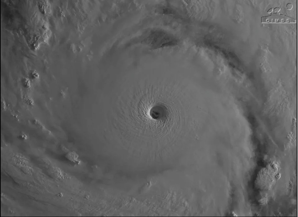 Enhanced infrared satellite image of Super Typhoon Sinlaku at sunrise Monday. (NOAA)