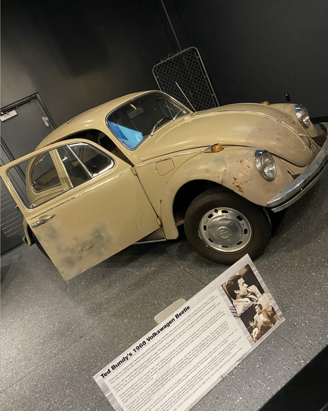 Vintage Volkswagen Beetle on display with informational plaque about its history and connection to Ted Bundy