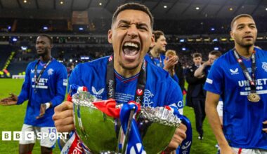 James Tavernier and Steven Gerrard with the Scottish Premiership trophy