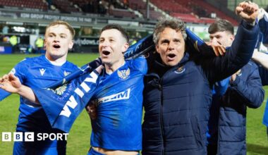 A graphic of the Scottish Championship table with a picture of title-winning St Johnstone manager Simo Valakari