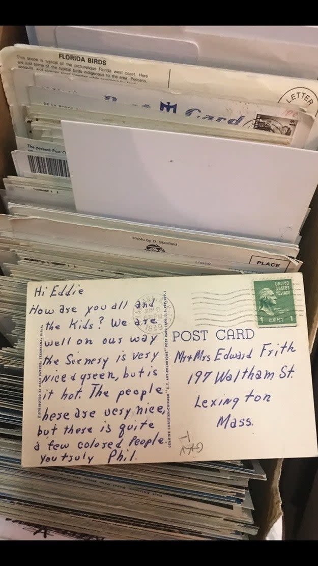 Postcard text: "Hi Eddie, How are you all and the kids? We're well on our way. The scenery is very nice, green, but hot. People very nice."