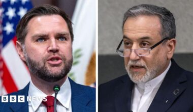 US Vice President JD Vance, seen in a white shirt, red tie and blue suit in front of the US flag while speaking at an event, in a composite image next to Iranian Foreign Minister Abbas Araghchi, who is seen speaking against a grey background while wearing glasses, a white shirt and black suit