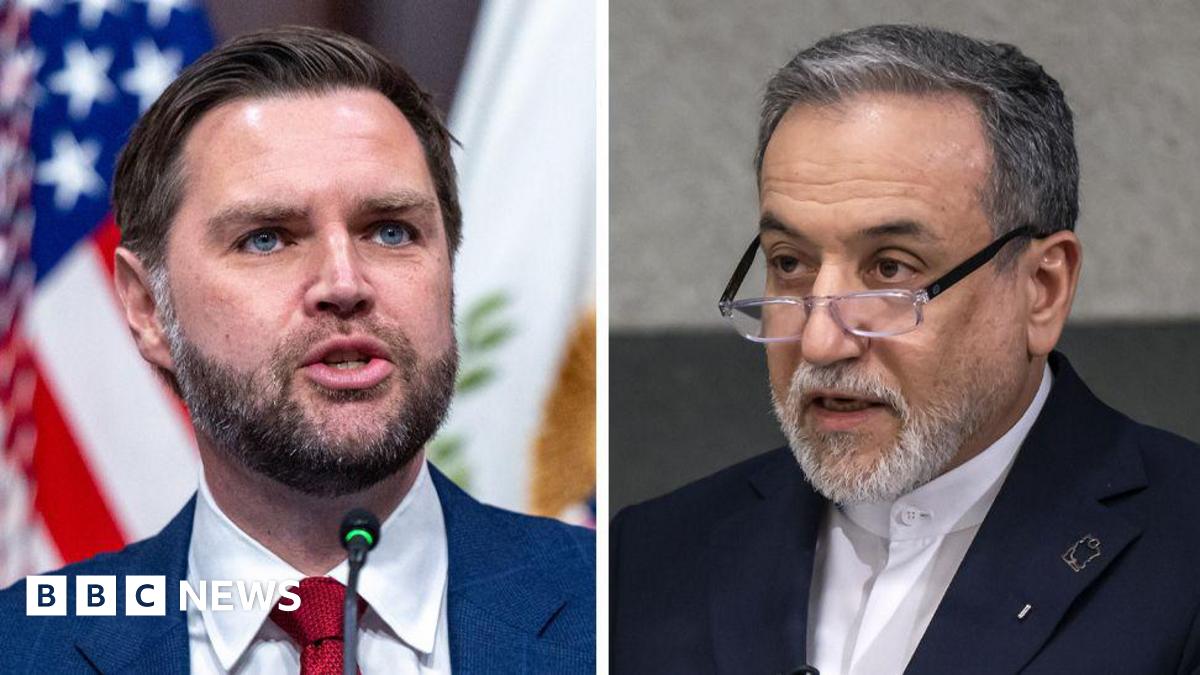 US Vice President JD Vance, seen in a white shirt, red tie and blue suit in front of the US flag while speaking at an event, in a composite image next to Iranian Foreign Minister Abbas Araghchi, who is seen speaking against a grey background while wearing glasses, a white shirt and black suit