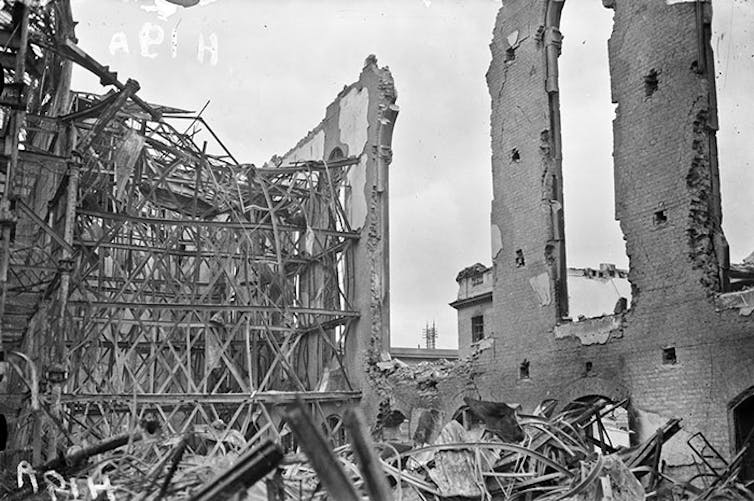 Black and white photo of a destroyed building