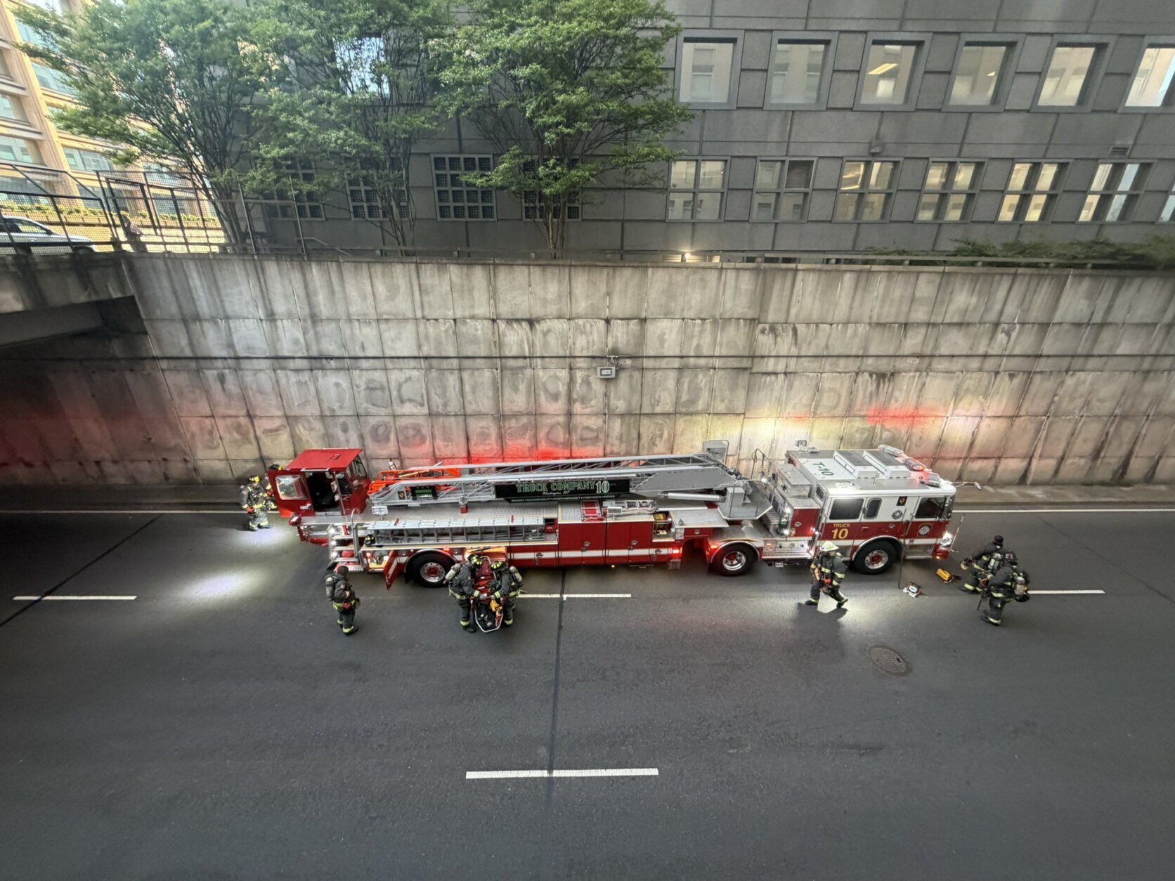 a firetruck pictured from an overlook