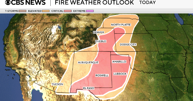 More than 15 million under fire weather alerts in central U.S., as warmth, strong winds fuel "extreme" wildfire risks