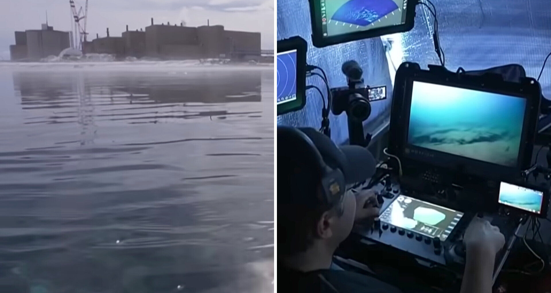 Lake Huron on the left, and a person looks at "fish city" footage on the right.
