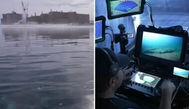 Lake Huron on the left, and a person looks at "fish city" footage on the right.