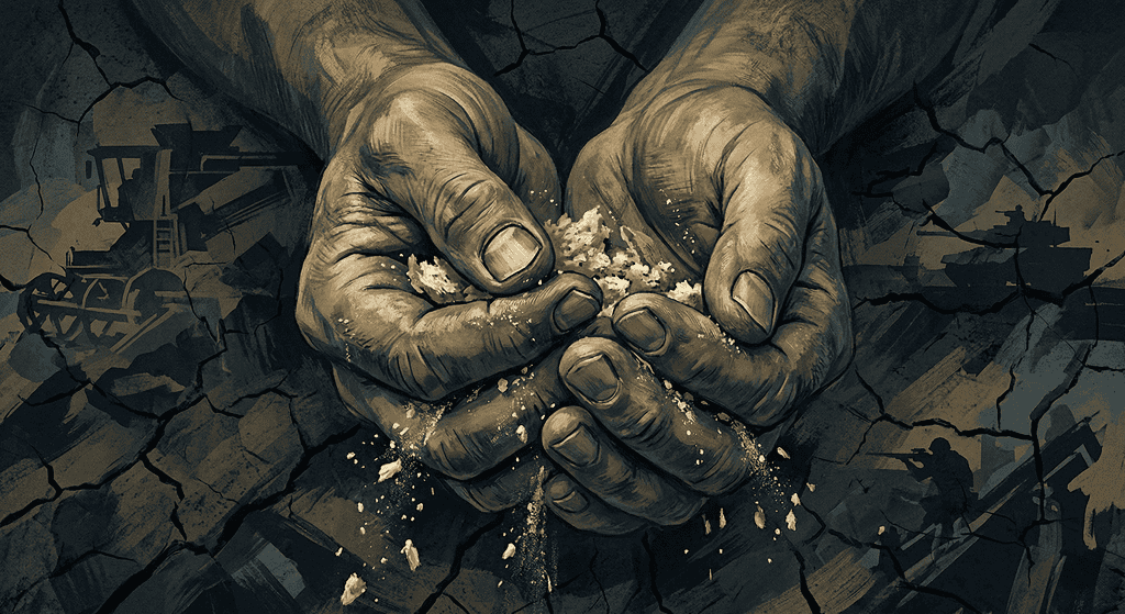 Close-up of hands gripping soil and debris with a background showing imagery of war over cracked soil.