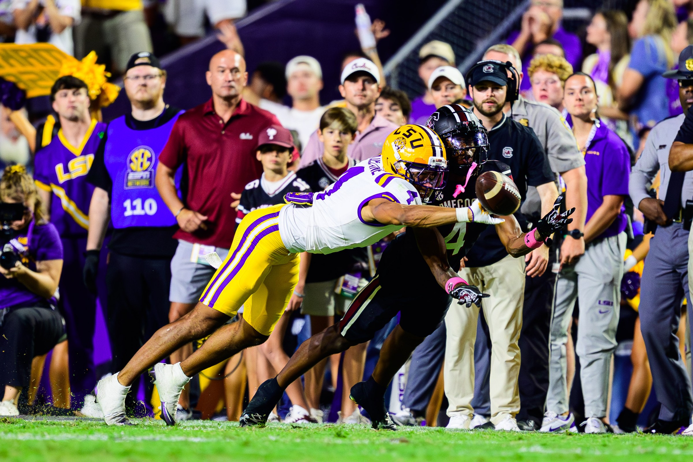 BATON ROUGE, LA - OCTOBER 11: Mansoor Delane #4 of the LSU Tigers in action against the South Carolina Gamecoks on October 11, 2025 at Tiger Stadium in Baton Rouge, Louisiana. (Photo by Mitchell Scaglione/LSU/University Images via Getty Images)