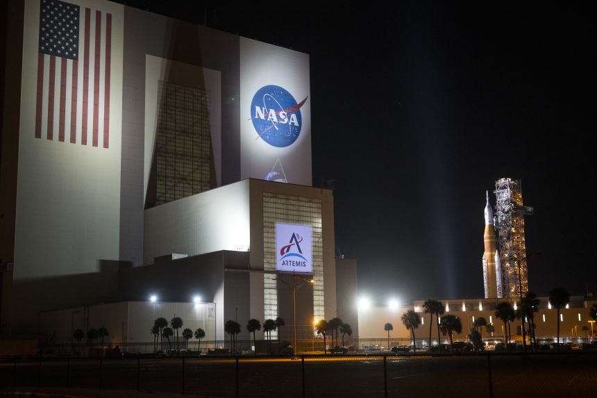 NASA's Space Launch System rocket and Orion spacecraft are seen rolling out to Launch Pad 39B March 20 at Kennedy Space Center in Florida.