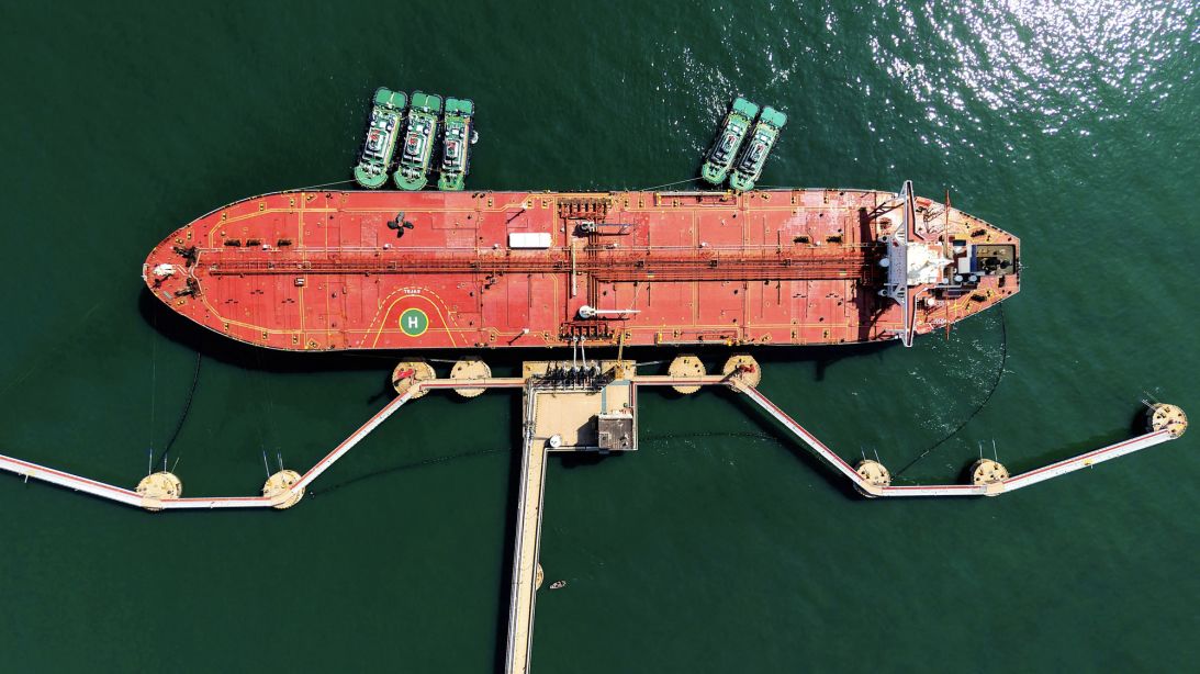 An oil tanker is docked unloading crude oil at the port in Qingdao, in China's eastern Shandong province, on April 7, 2026.