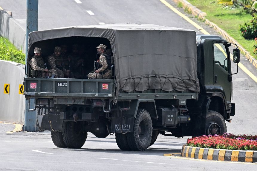Army personnel patrol at the Red Zone area in Islamabad on April 9, 2026.