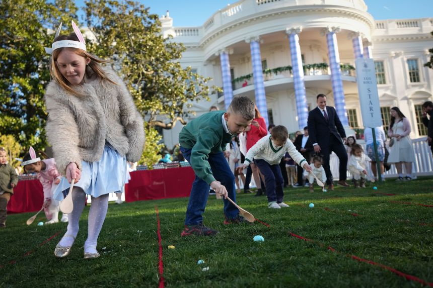 Guests participate in the annual Easter Egg Roll on the South Lawn of the White House on Monday.