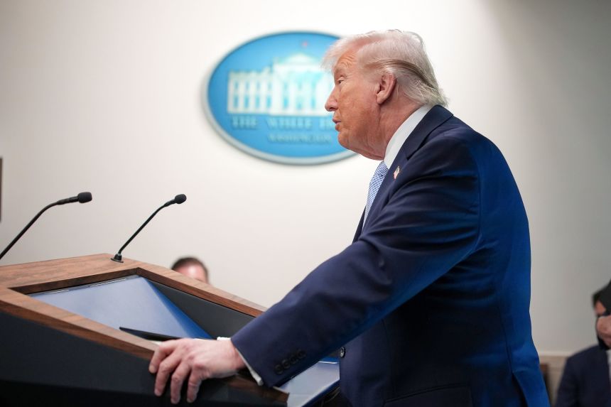 President Donald Trump speaks during a news conference at the White House on Monday.