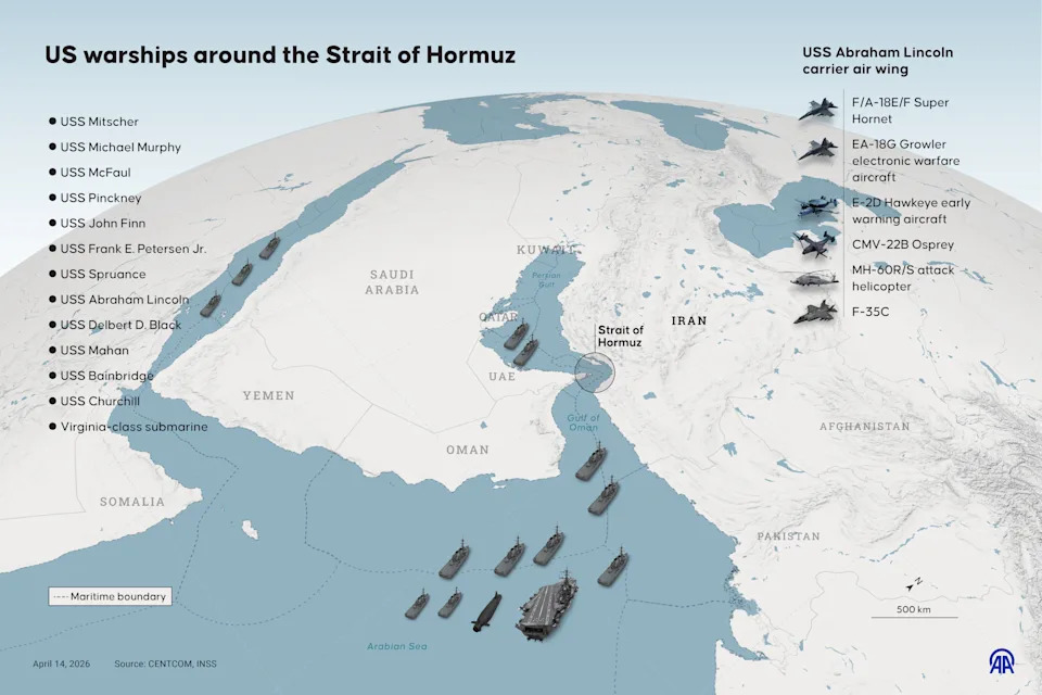 A graphic shows the location of U.S. warships around the Strait of Hormuz.
