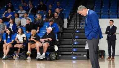 Outgoing Kentucky Athletic Director Mitch Barnhart at his retirement ceremony at the Historic Memorial Coliseum in Lexington, Kentucky. Barnhart became UK's AD in 2002. March 6, 2026. © Matt Stone/Courier Journal / USA TODAY NETWORK via Imagn Images