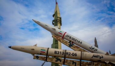 A photo shows display missiles with Iranian flags in January 2025 (Moslem Daneshzadeh/Unsplash)