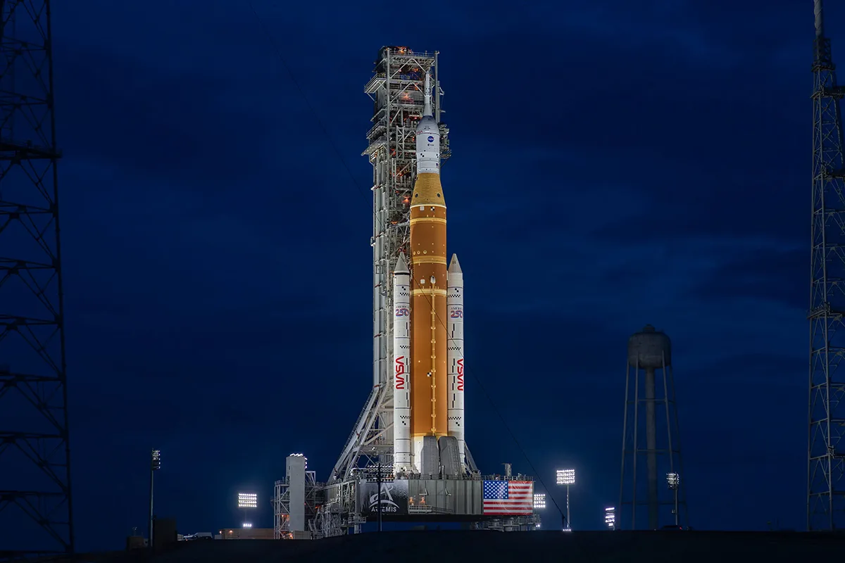 NASA’s Artemis II SLS (Space Launch System) rocket and Orion spacecraft at Kennedy Space Center, 18 January 2026. Credit: NASA/Brandon Hancock