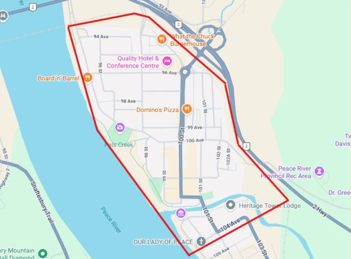A map showing the areas under concern of possible flooding from the Peace River.