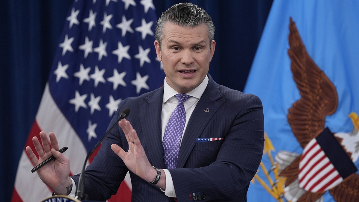 Defense Secretary Pete Hegseth speaking during a press briefing at the Pentagon