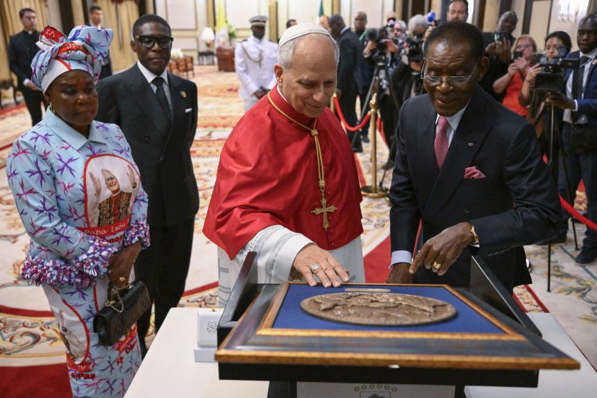 Pope Leo XIV meets with Equatorial Guinea's president, Teodoro Obiang Nguema Mbasogo, at the Presidential Palace in Malabo on Tuesday, April 21.