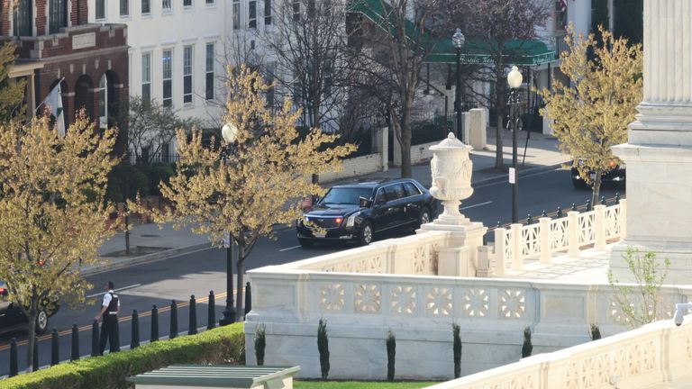 Mr Trump's motorcade arrives at the Supreme Court. Pic: AP