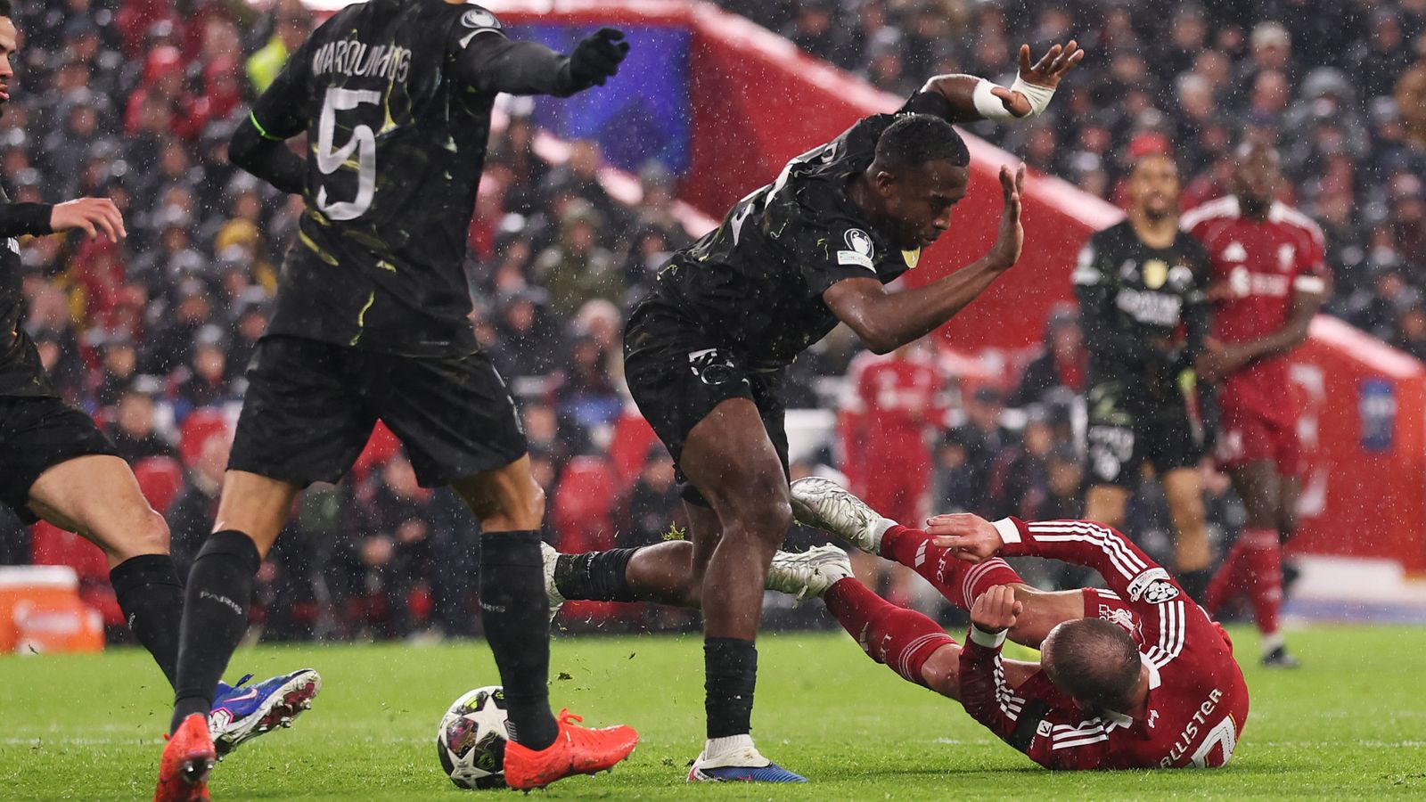 Liverpool were initially awarded a penalty for Pacho's challenge on Mac Allister