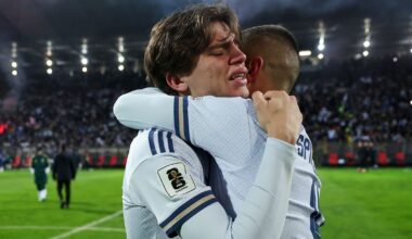Italy's Marco Palestra, left, and Leonardo Spinazzola console each other after losing a penalty shootout during the World Cup qualifying playoff final soccer match between Bosnia and Italy in Zenica, Bosnia, Tuesday, March 31, 2026. (AP Photo/Armin Durgut)