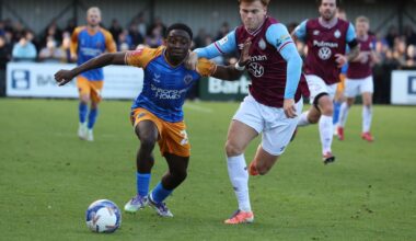 SOUTH SHIELDS, ENGLAND: Luke Woolston (R) of South Shields in action with Ismeal Kabia of Shrewsbury Town during the Emirates FA Cup First Round ma...