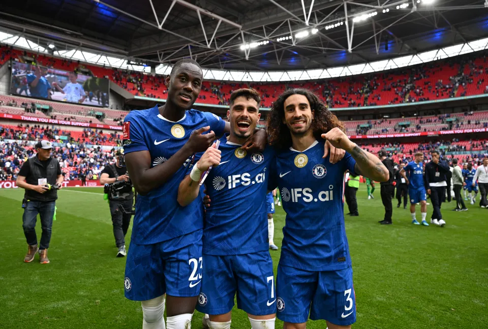 Chelsea players celebrate after reaching the FA Cup final