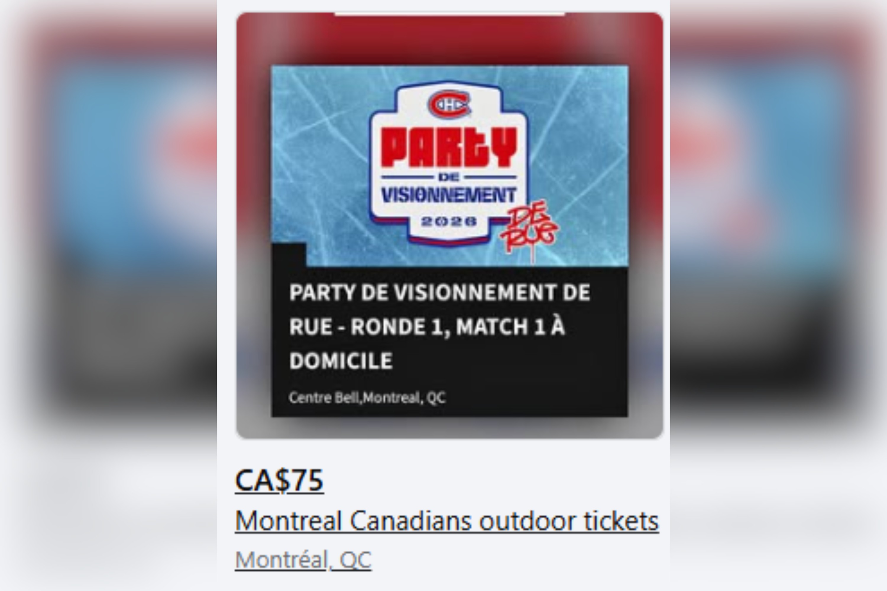 Facebook Marketplace listing for $75 tickets to a Montreal Canadiens watch party 