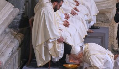 Pope Leo XIV washes the feet of priests for Holy Thursday