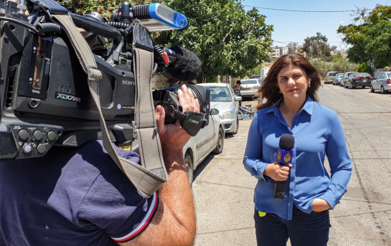 Veteran Al Jazeera TV journalist Shireen Abu Akleh reporting from Jerusalem on May 22, 2021