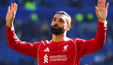 A visibly emotional Mohamed Salah salutes Liverpool fans after the Premier League match against Everton on 19 April 2026