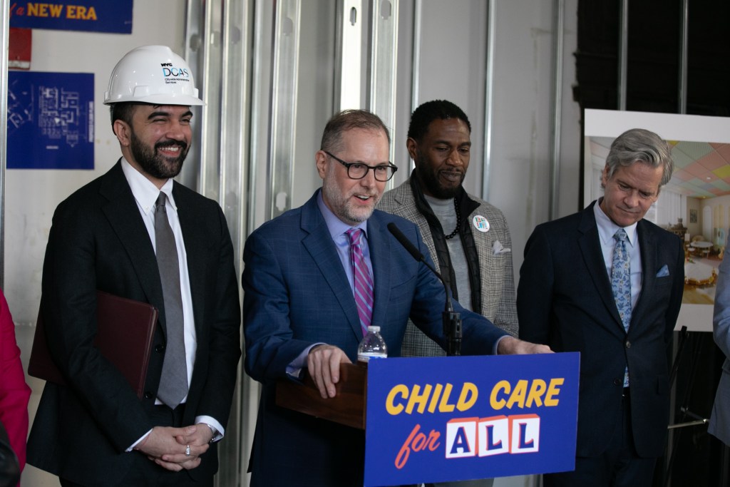 Comptroller Mark Levine speaks alongside Mayor Zohran Mamdani about an under-construction city worker childcare center in the Municipal Building,
