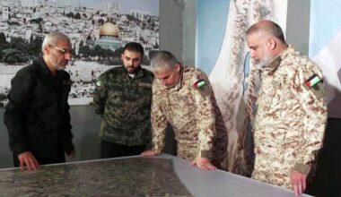Mohammed Odeh, right, along with senior Hamas leaders Rafa’a Salameh, Abu Obeida, and Mohammed Deif, in an undated photo. (Used in accordance with Clause 27a of the Copyright Law)